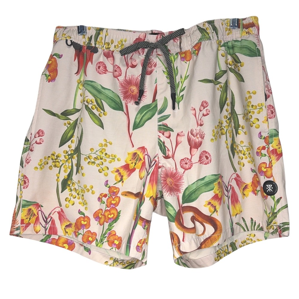 Roark The Shorey Boardshorts Mens Large Tan Botanical Snake Print Swim Trunks